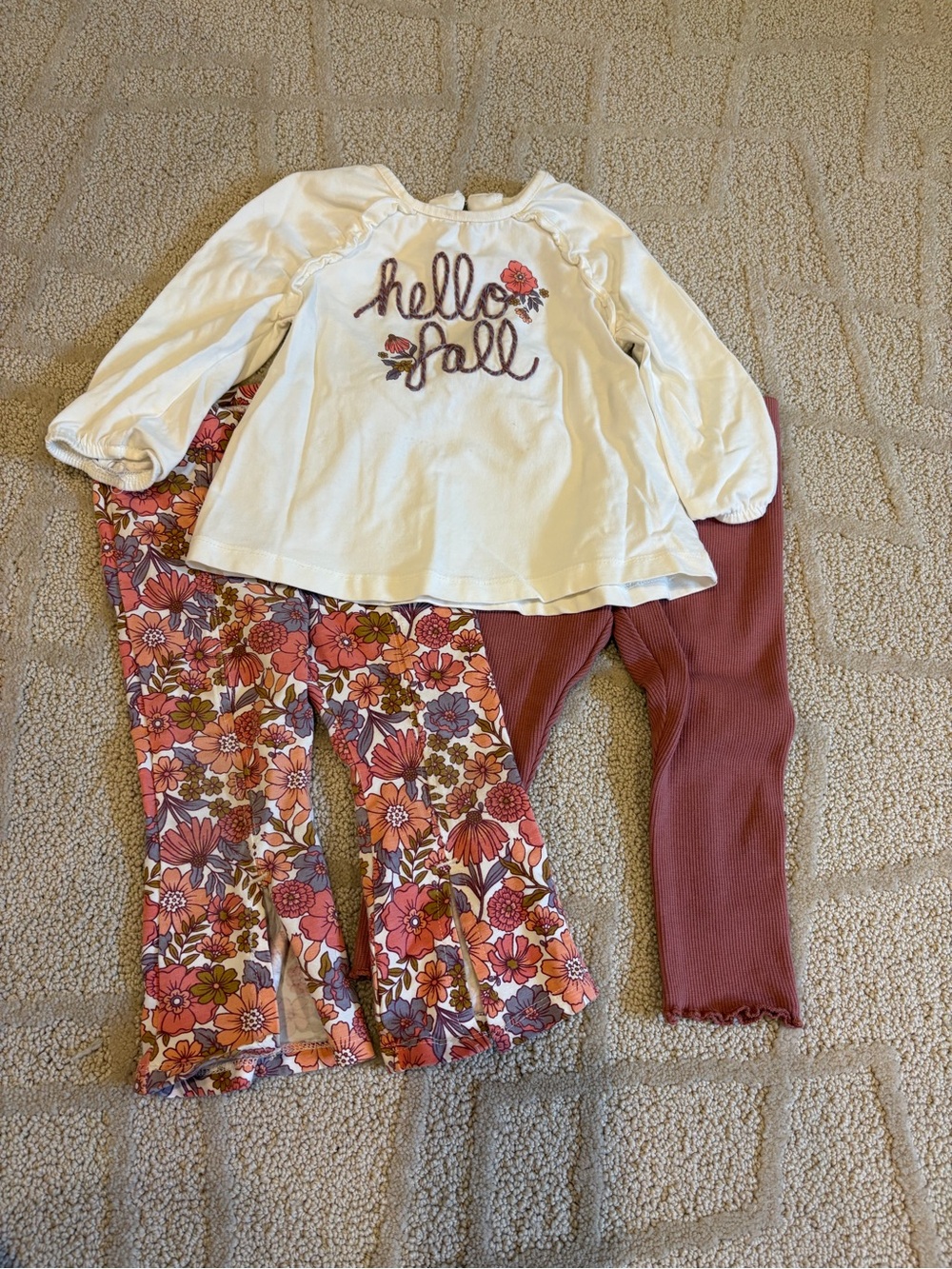 Girls White 'Hello Fall' Top with Floral and Mauve Leggings Set